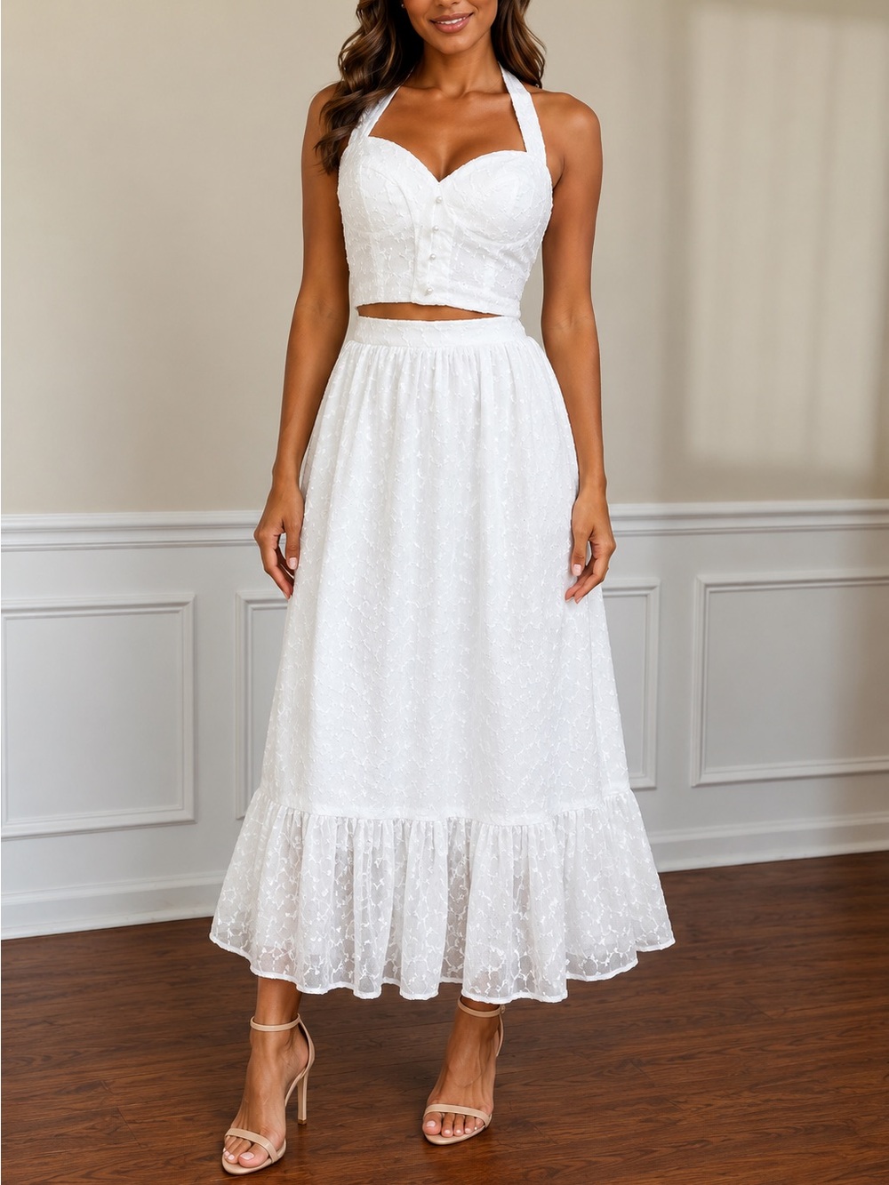 HANDMADE TIFFANYSLABEL SOFT WHITE SET | HALTER CORSET TOP | FLARE SKIRT | SIZE M